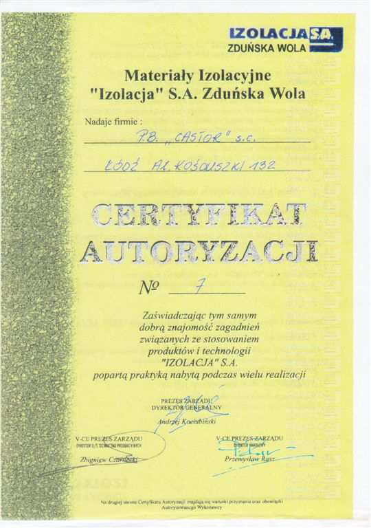 Izolacja S.A. — Certyfikat Autoryzacji nr 7