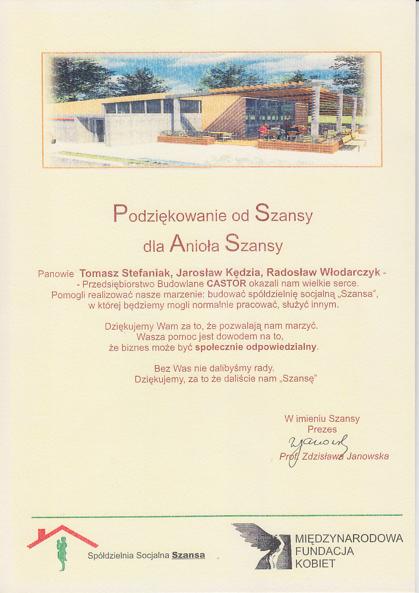 Spółdzielnia socjalna „Szansa” — podziękowanie